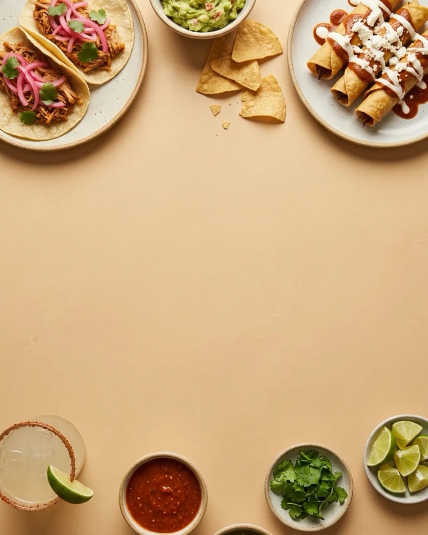 Tacos de cochinita pibil, tostada de atún, guacamole et taquitos dorés sur une table, vus du dessus