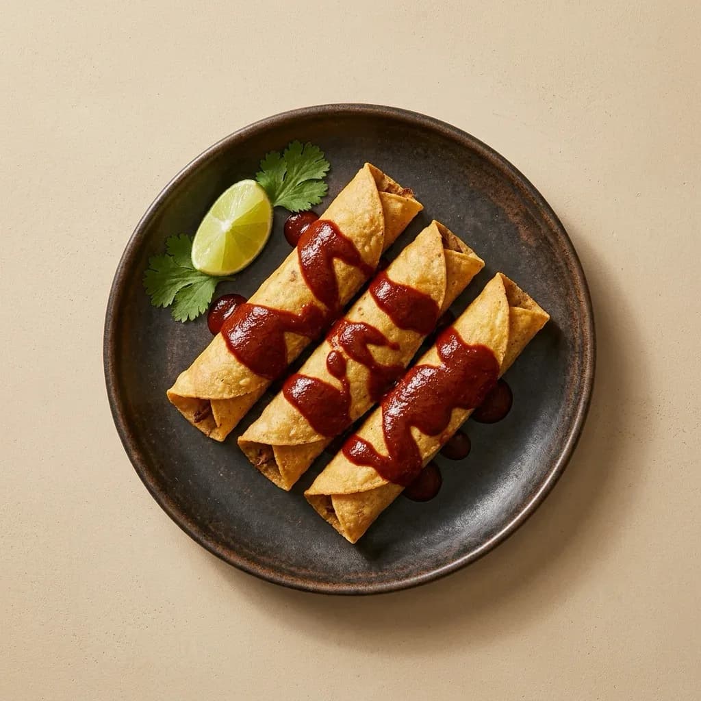 Taquitos dorés. Trois tortillas de maïs croustillantes garnies de poulet et poivrons, sauce guajillo.